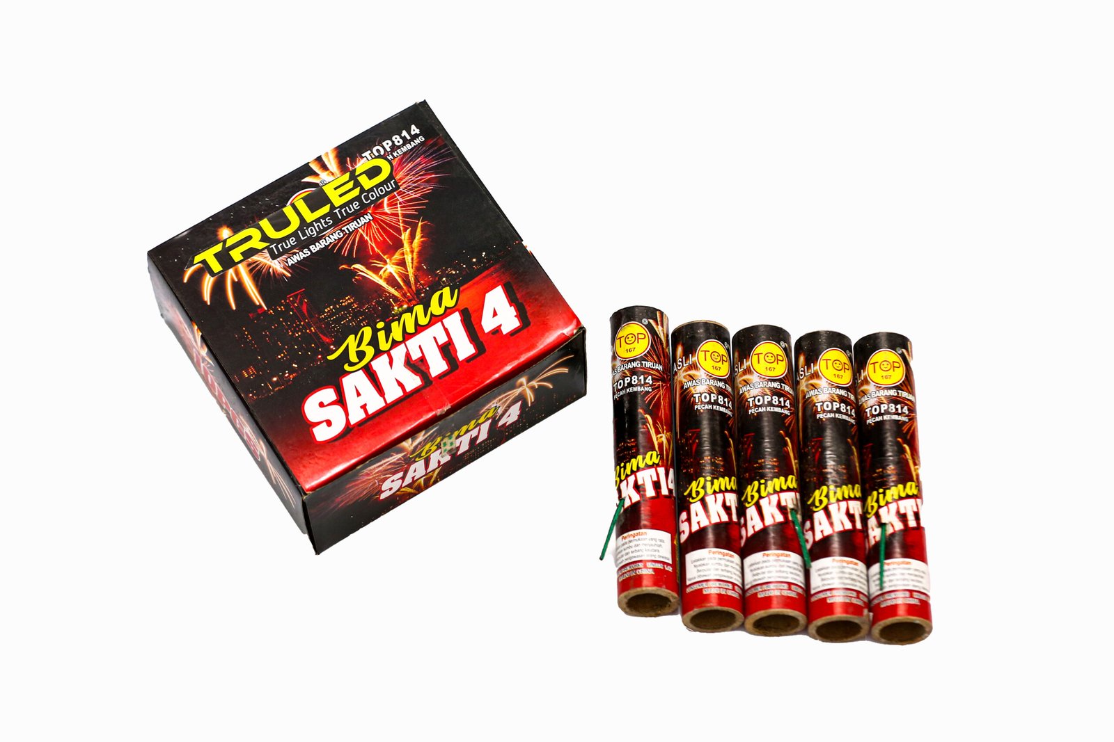 Box of Bima Sakti 4 fireworks with a row of rockets displaying bright fireworks graphics on black/red packaging