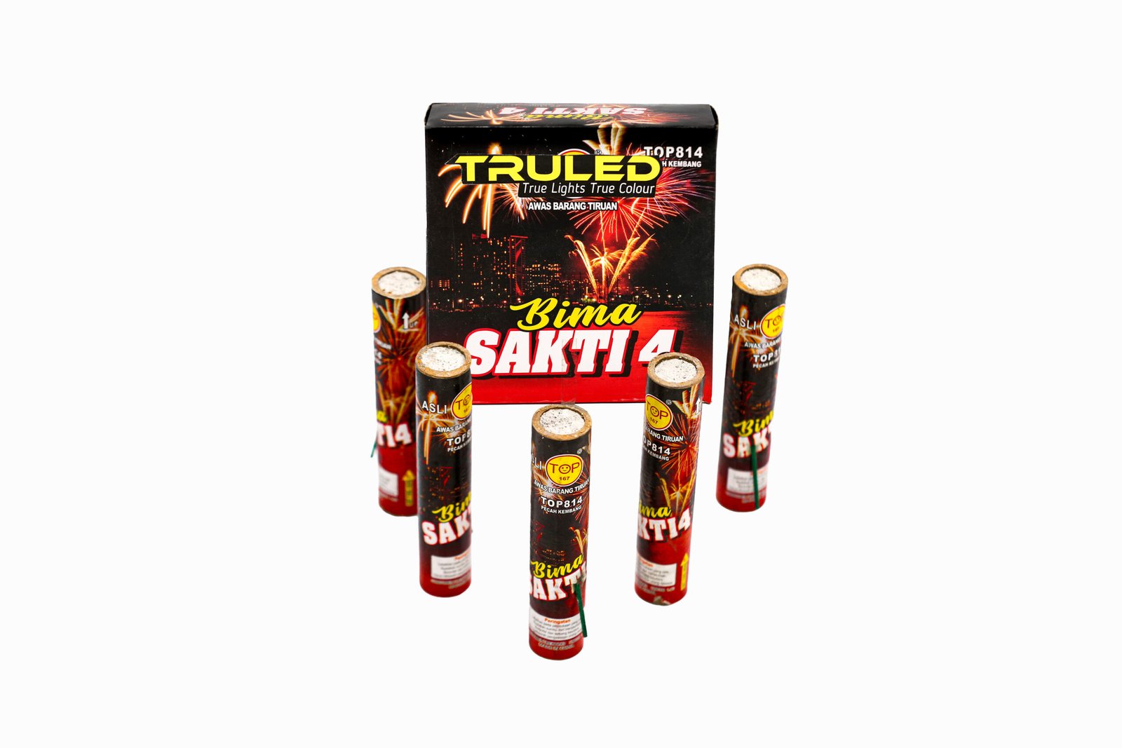 Boxed fireworks set surrounded by cylindrical firework tubes, with fiery graphics and bold text on the packaging.
