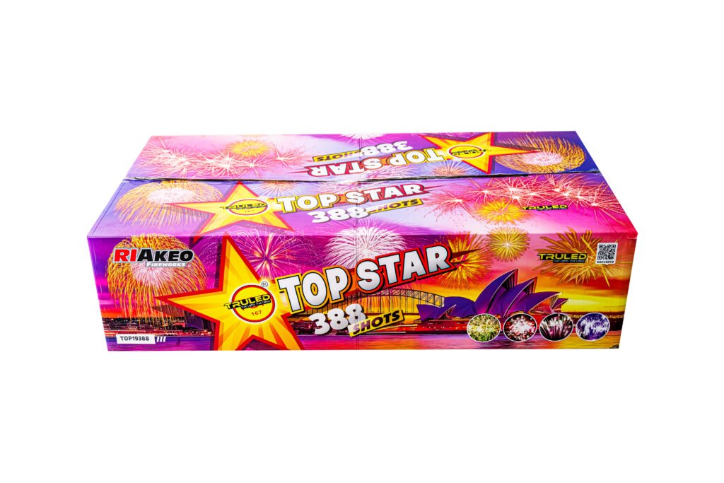 Colorful fireworks box labeled 'TOP STAR' with 38 SHOTS, pink/purple backdrop and star graphics.