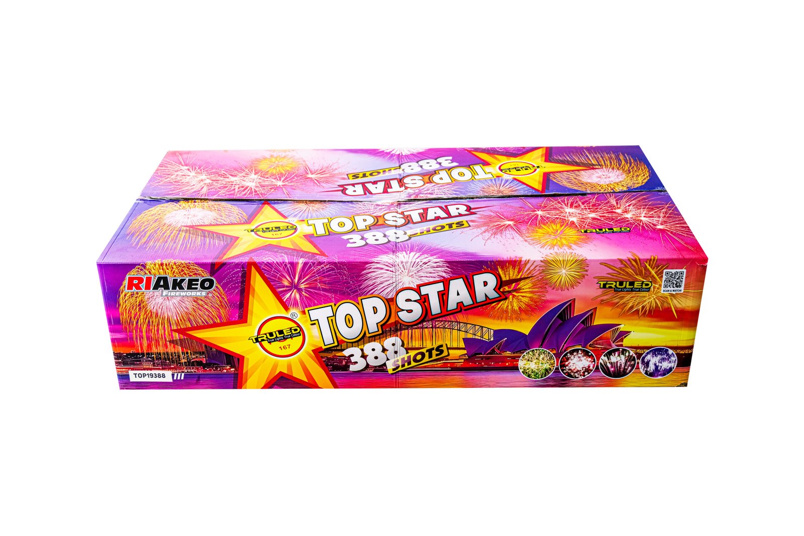 Colorful fireworks box labeled 'TOP STAR' with 38 SHOTS, pink/purple backdrop and star graphics.