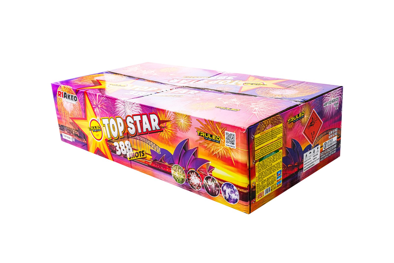 Colorful fireworks box with purple-pink graphics and the text 'Top Star 388 Shots' across the front.
