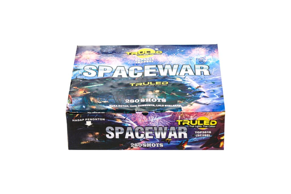 Box of SpaceWar fireworks packaging featuring fireworks graphics and the label 280 SHOTS (brand TRULED/TRUE Lights True Colour).