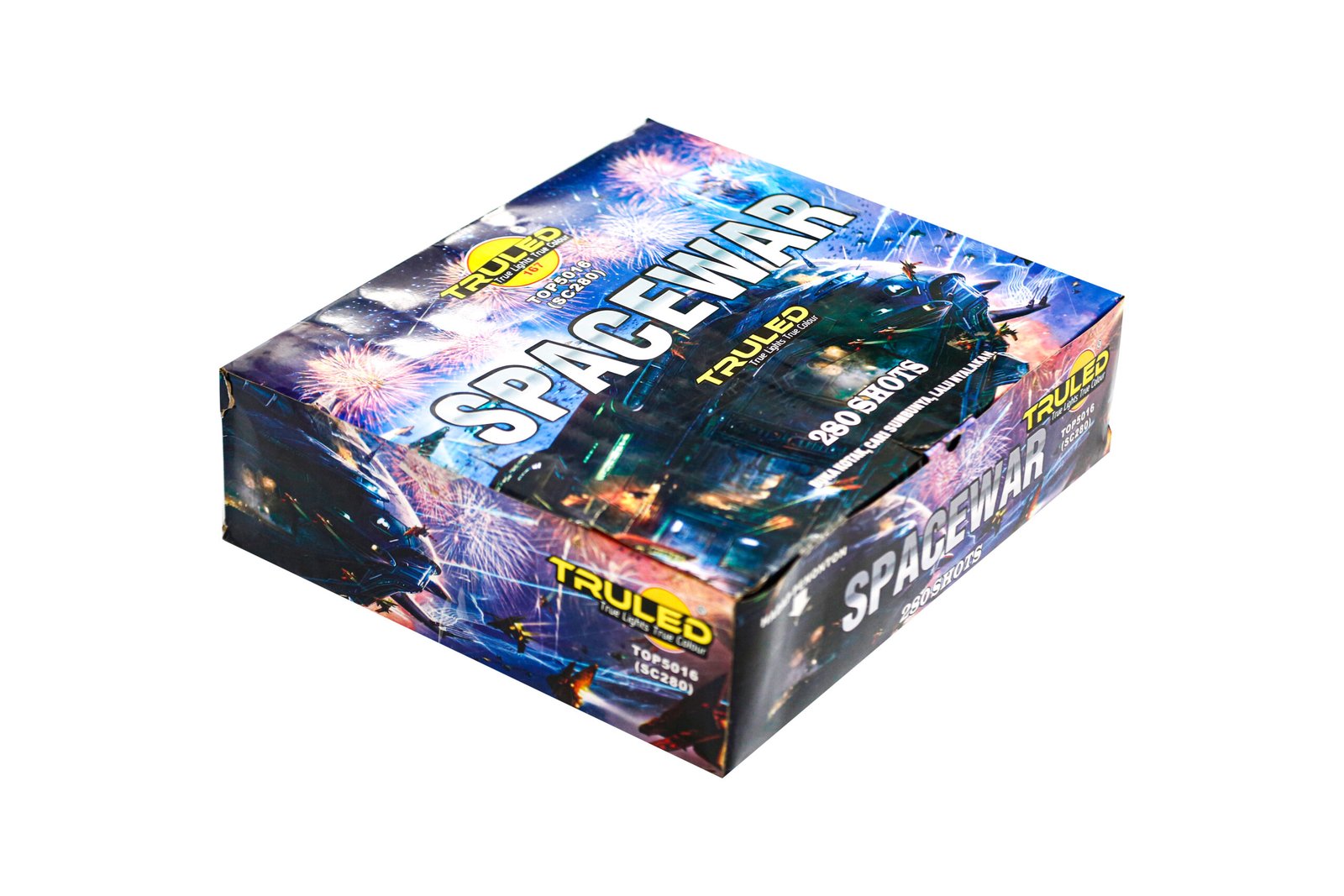 Colorful toy box featuring a space-battle scene and fireworks, with large 'SPACEWAR' text across the lid.