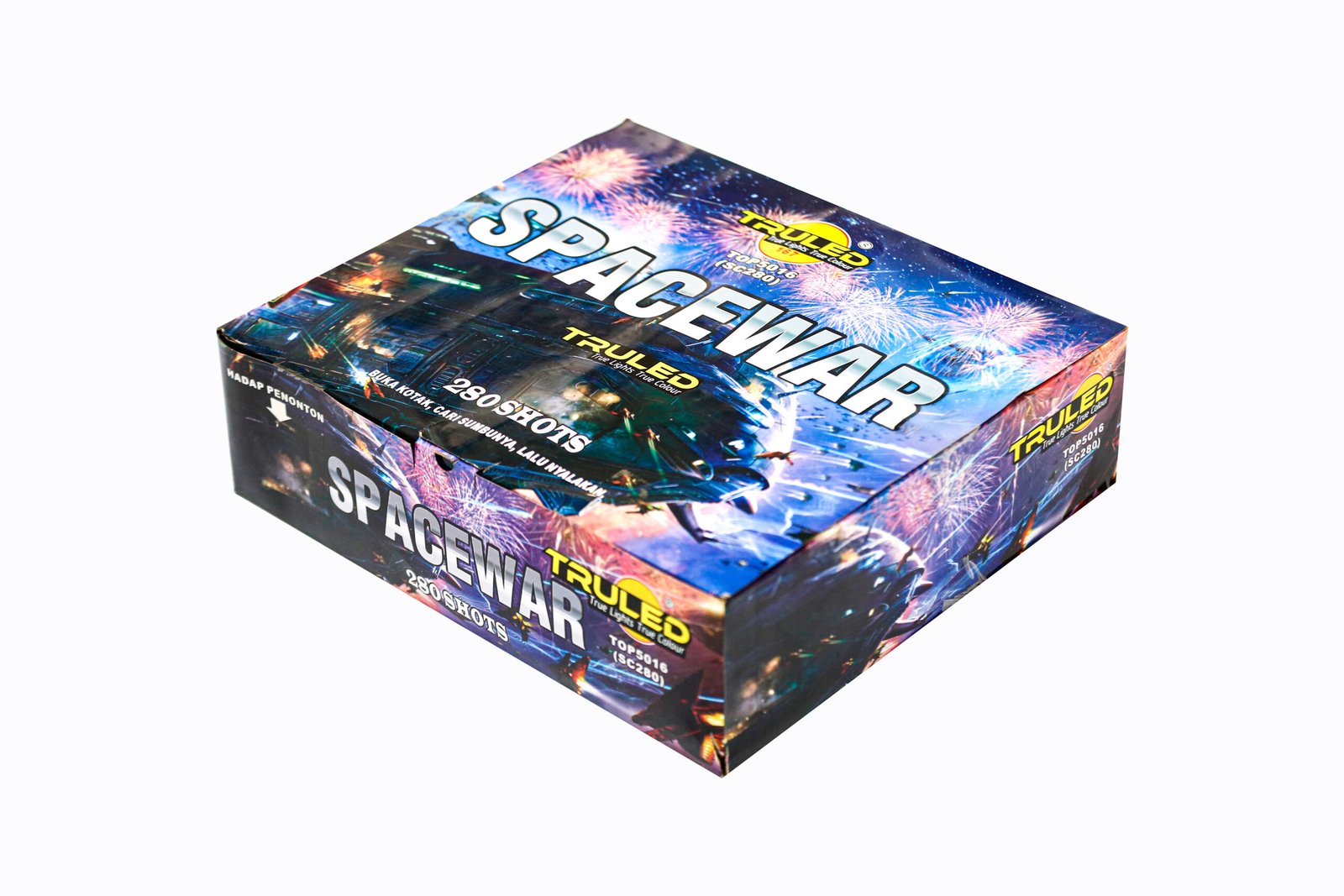 Box of fireworks labeled 'SPACEWAR' with colorful fireworks graphics and a bold title, tilted on a white background, showing 'TrueLED' branding.
