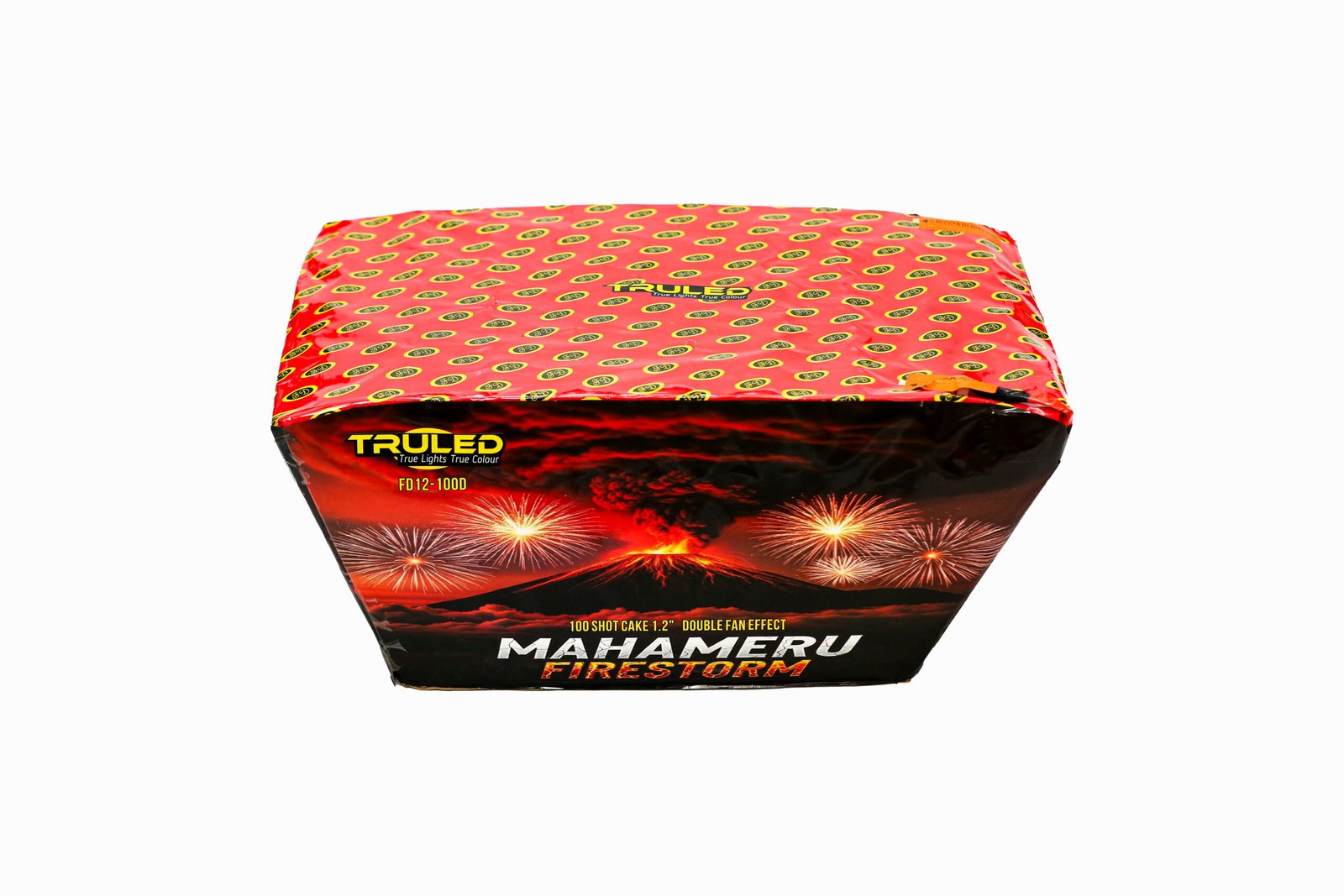 Fireworks-themed cake box with red patterned wrapper and flames imagery, featuring yellow logo text and 'MAHAMEru Firestorm' text on the front.