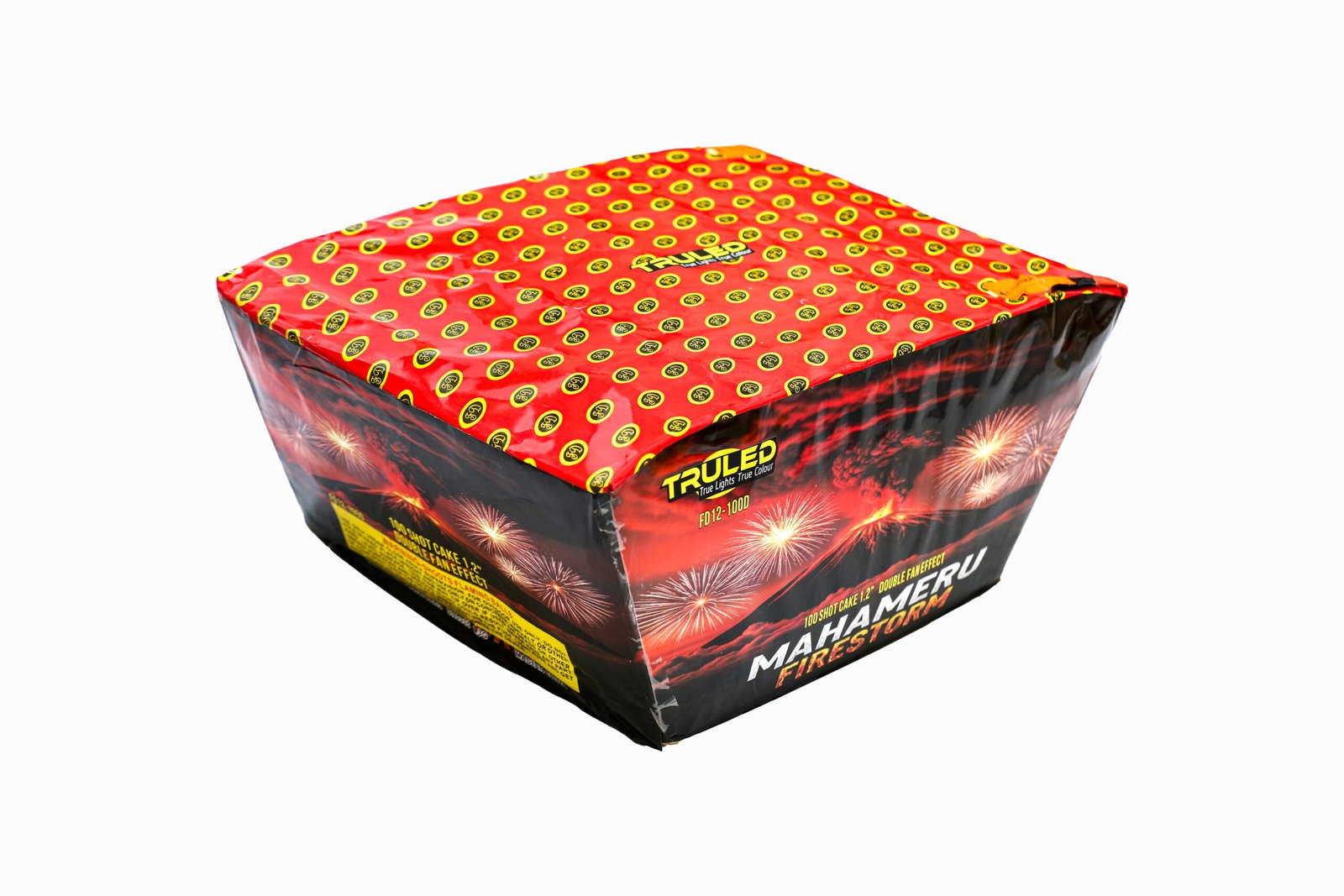 Rectangular fireworks box with a red foil cover covered in small yellow logo circles.
