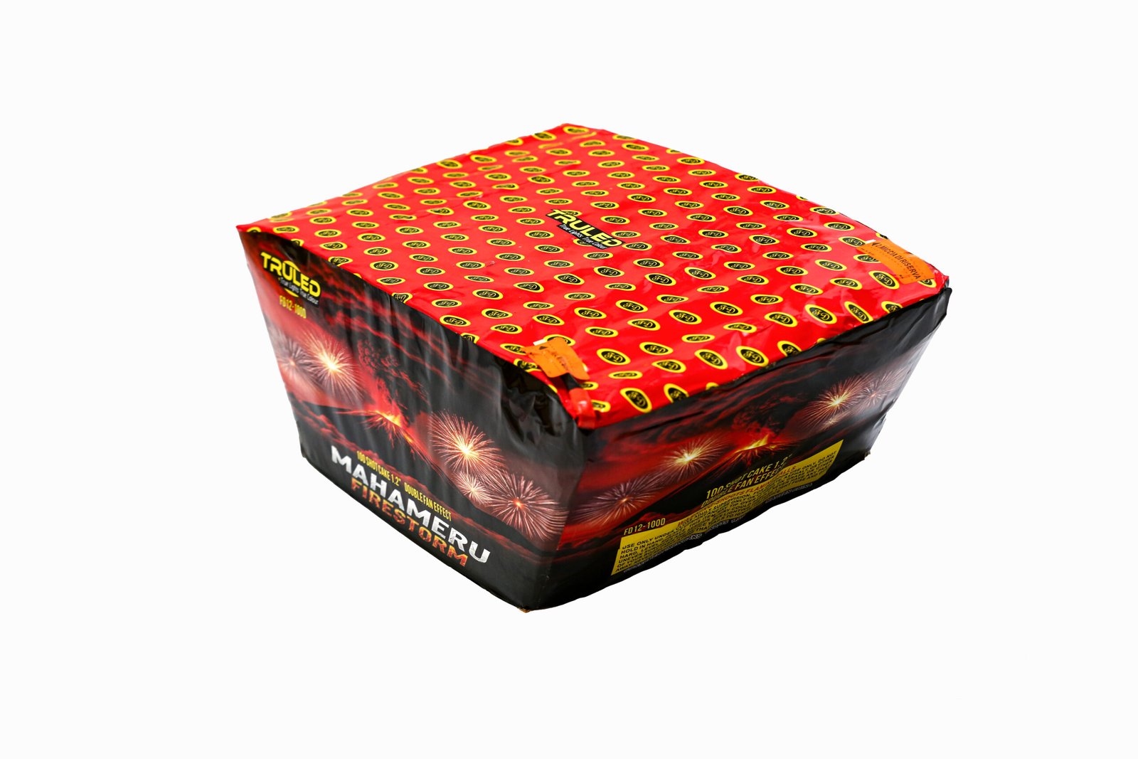 Large rectangular fireworks box with a bright red top covered in a repeating yellow-and-black logo pattern, and dark sides with firework graphics