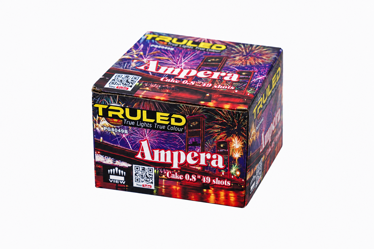Colorful firework box labeled 'Ampera' with 'TRULED' branding and fireworks imagery, box art across sides and top