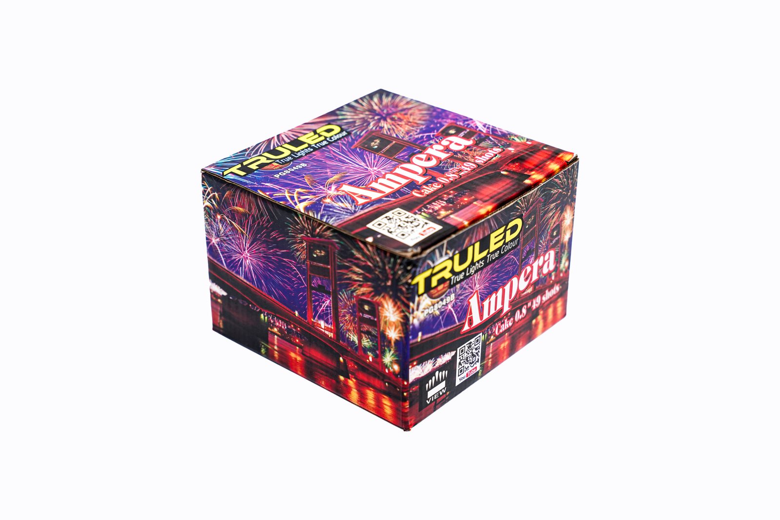 Colorful fireworks-themed cardboard box, square shape, with bold yellow lettering and a QR code visible on the side face (packaging for fireworks).