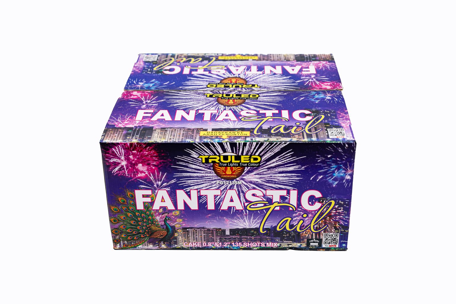 Box of fireworks labeled 'Fantastic Tail' with colorful fireworks graphics on a purple background and peacock image nearby.