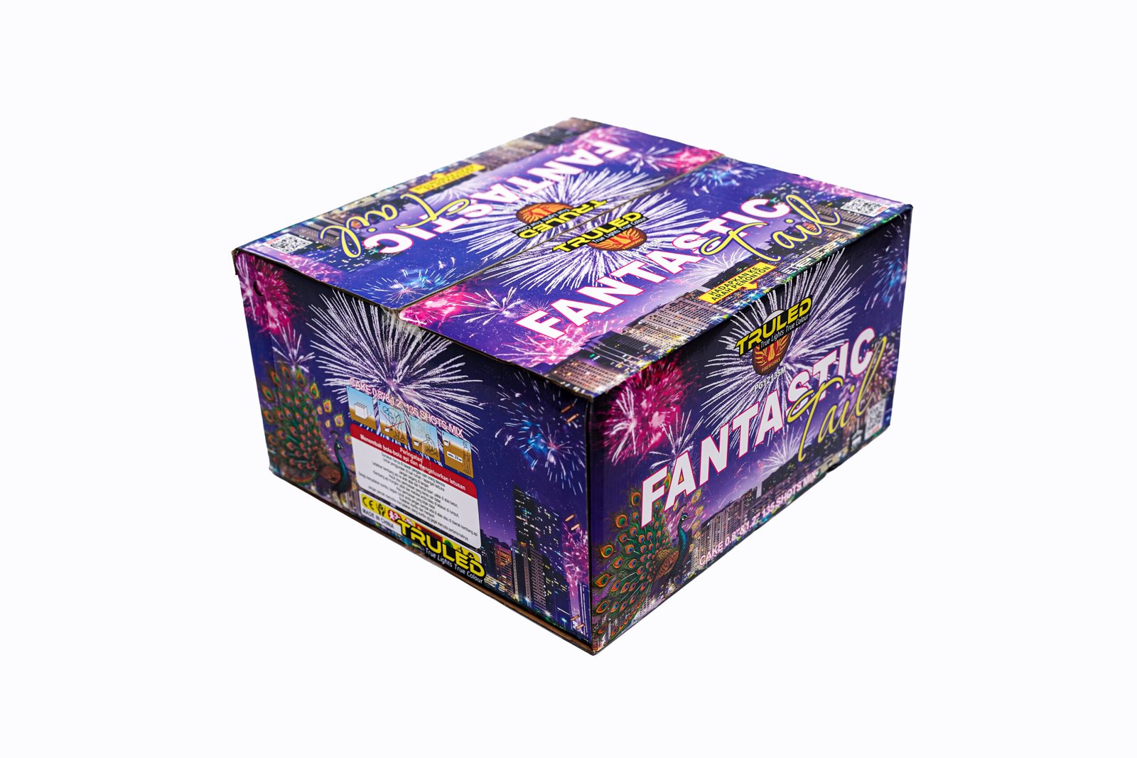 Box of fireworks with purple packaging and colorful firework graphics, featuring large 'FANTASTIC' text.