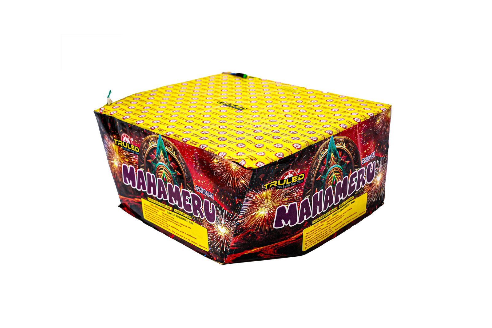 Large colorful fireworks box with a yellow patterned top and bold red sides, labeled Mahameru, photographed from a low angle.