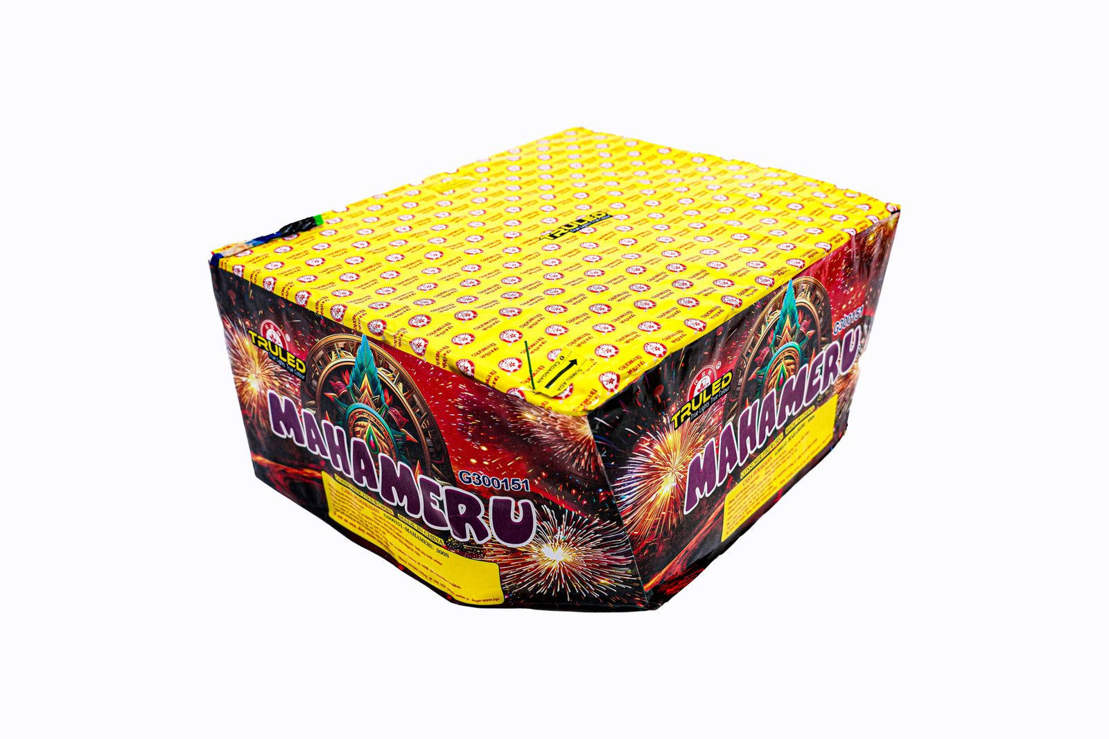Large fireworks box with bright yellow top wrap featuring repeating logos, viewed from a low angle showing the front and side panels.