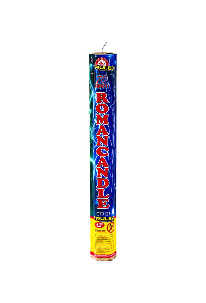 Tall blue Roman Candle firework tube with red vertical lettering and a yellow warning label at the bottom, fuse on top