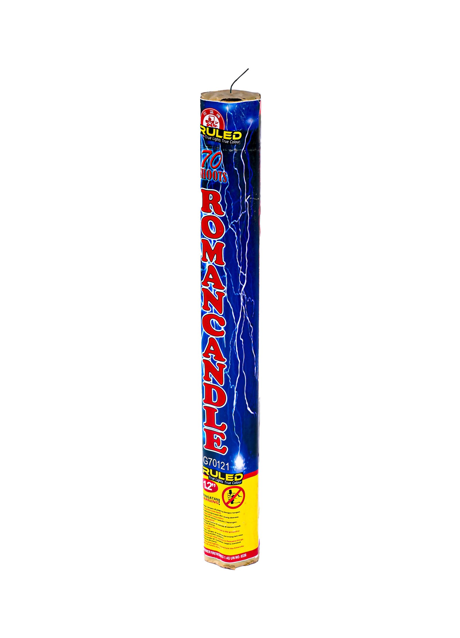 Tall blue cylindrical fireworks rocket in a paper tube, upright, with red vertical lettering and a yellow base at the bottom.