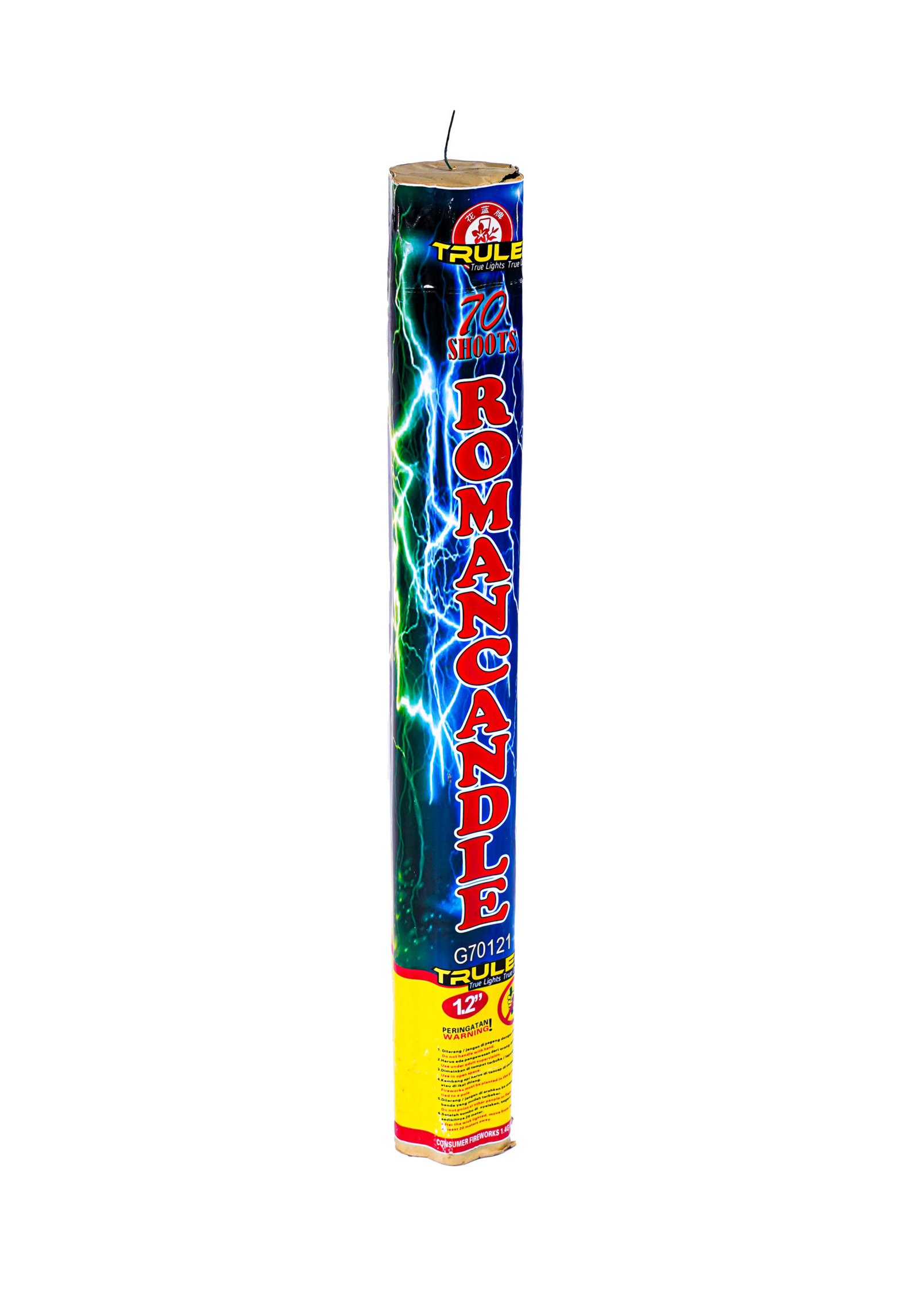 Tall cylindrical firework tube with blue background and red lettering that reads 'ROMAN CANDLE' and '70 SHOTS'.
