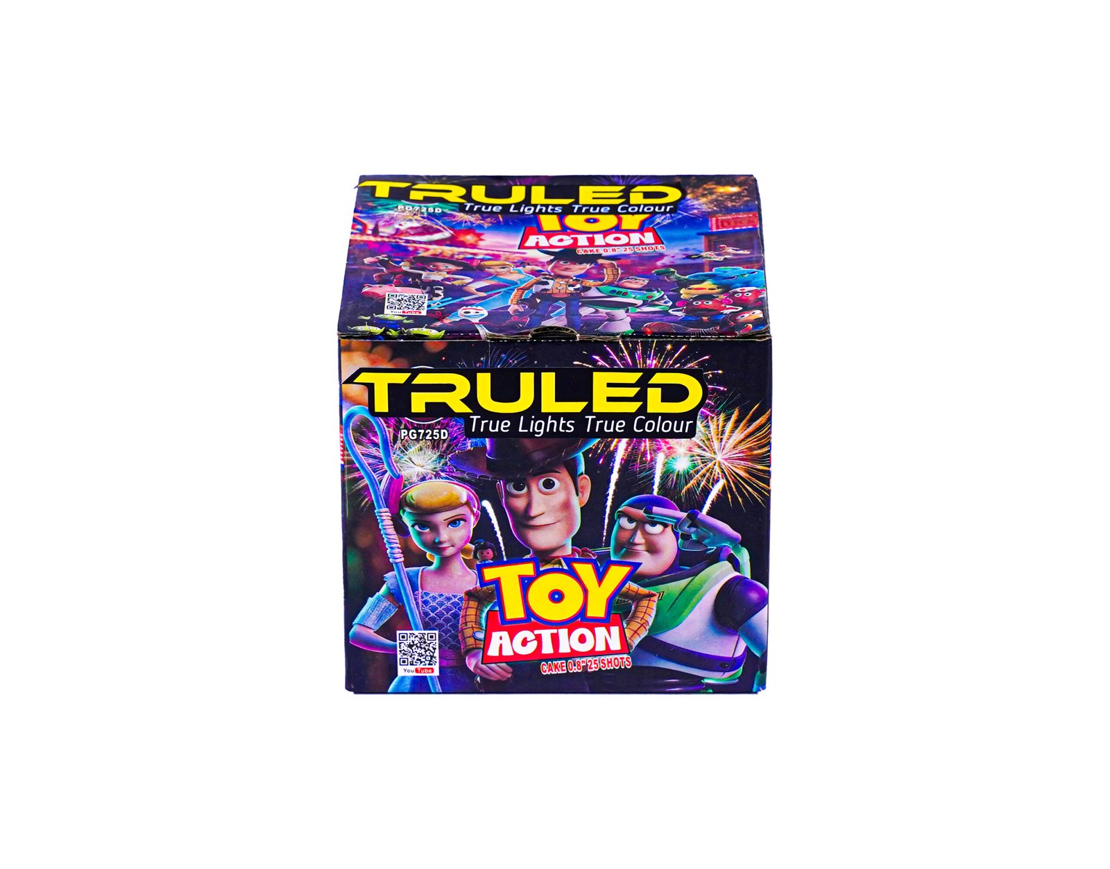 Colorful fireworks box with bold 'TRUELED' branding and cartoon characters on the packaging.