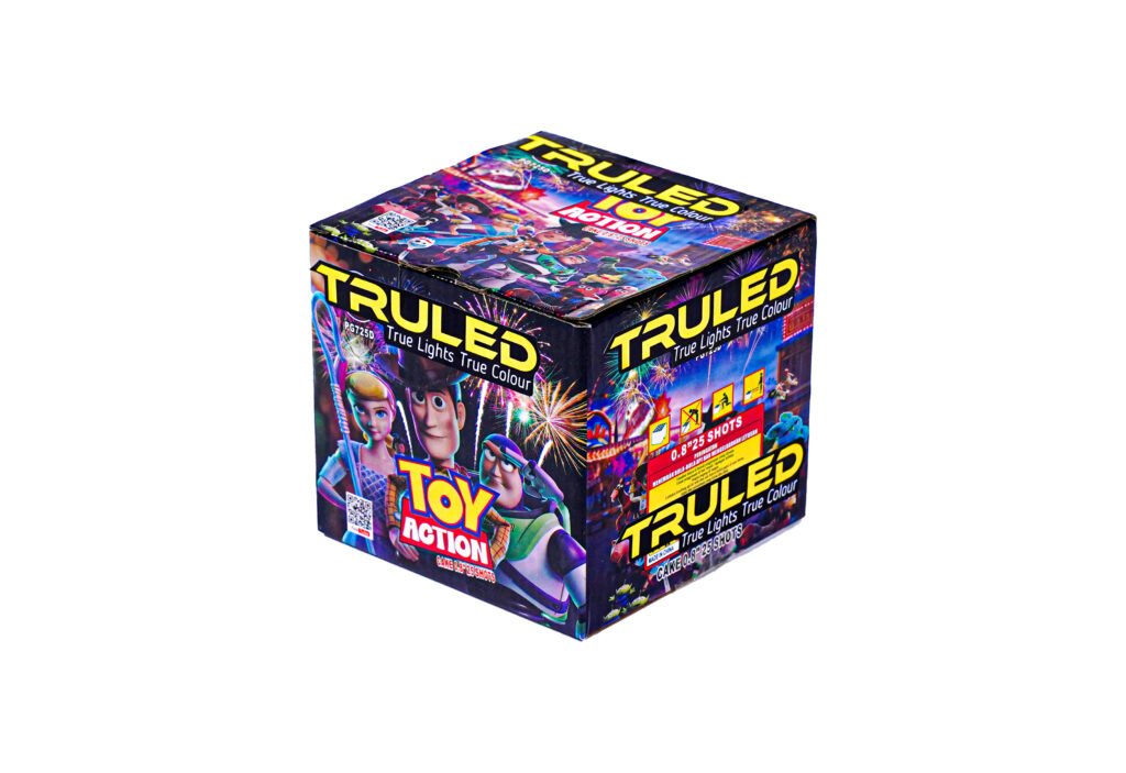 Colorful fireworks box with characters and the words 'True Lights True Colour' on the packaging.