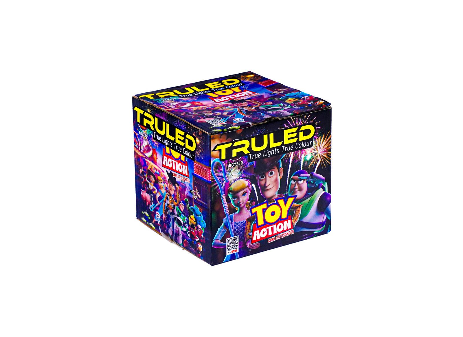 Colorful TRULED fireworks box featuring Toy Story characters, bold yellow logo, and vivid fireworks graphics in a packaging design