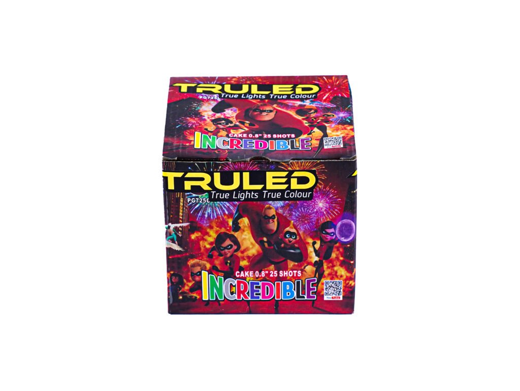Colorful fireworks box with cartoon characters and bright bursts of fireworks in the background, featuring the word Incredible.
