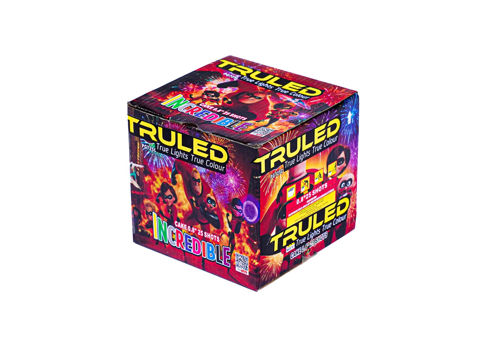 Colorful fireworks-themed box of Incredible fireworks with superhero characters on the packaging.