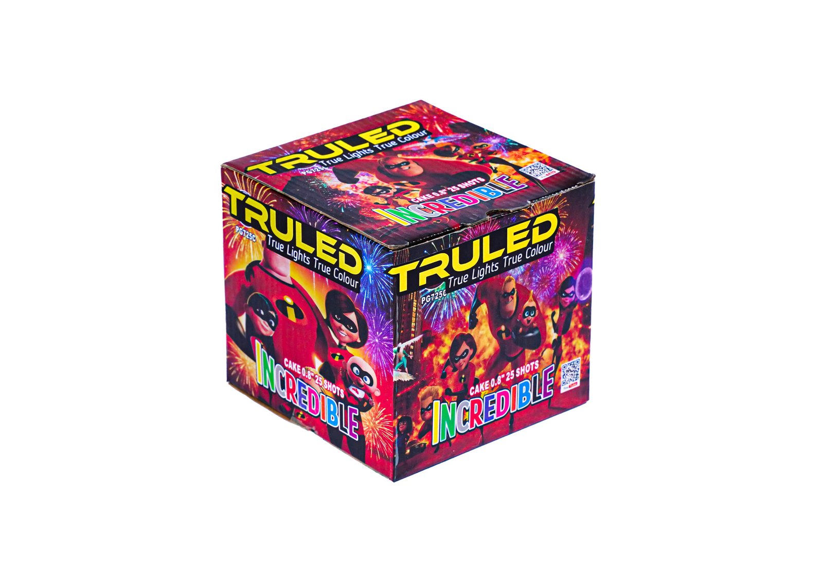 Colorful fireworks box with cartoon superheroes and the word 'INCREDIBLE' on the packaging, fireworks graphics in the background.