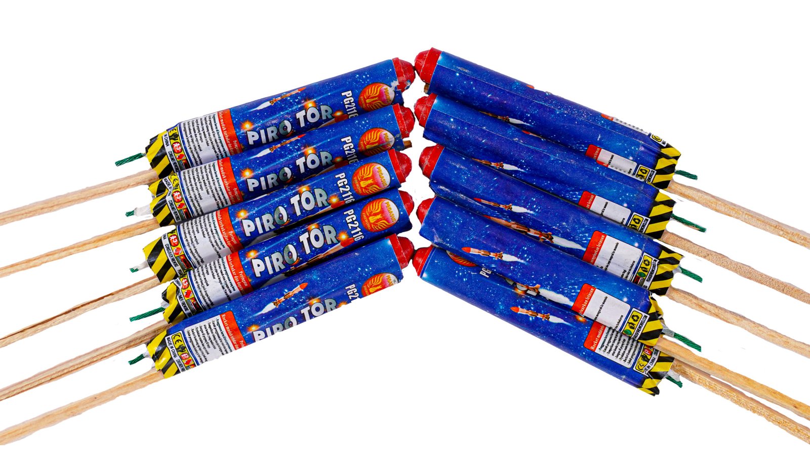 Row of blue fireworks tubes with red caps, fanned out with wooden sticks visible at the bottom, labeled Piro Tor.