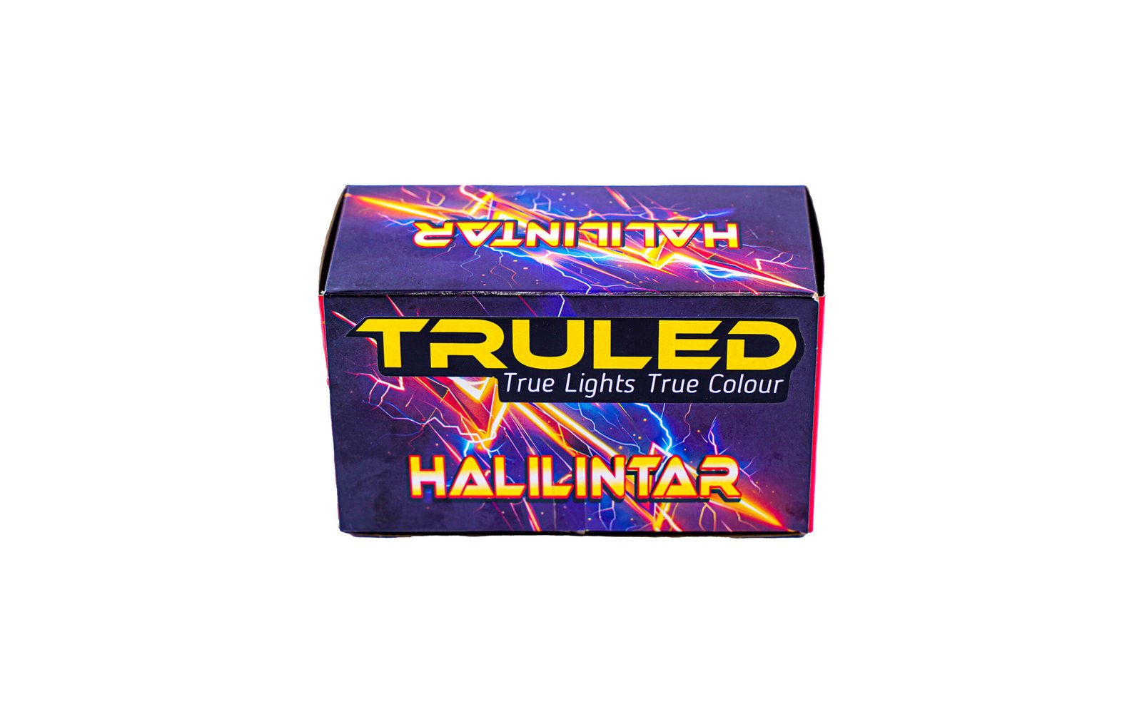Colorful packaging box with neon lightning graphics and the word HALILINTAR on a purple background, plus the phrase 'True Lights True Colour' visible beneath.