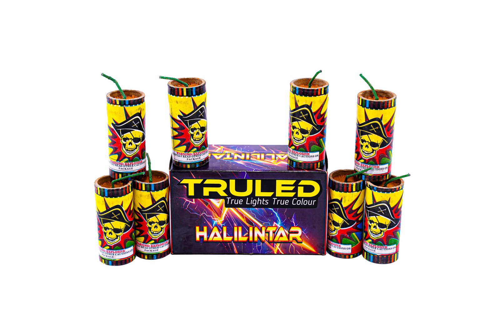 Row of colorful fireworks tubes with skull graphics and green fuses, arranged around a labeled box that reads 'HALILINTAR'