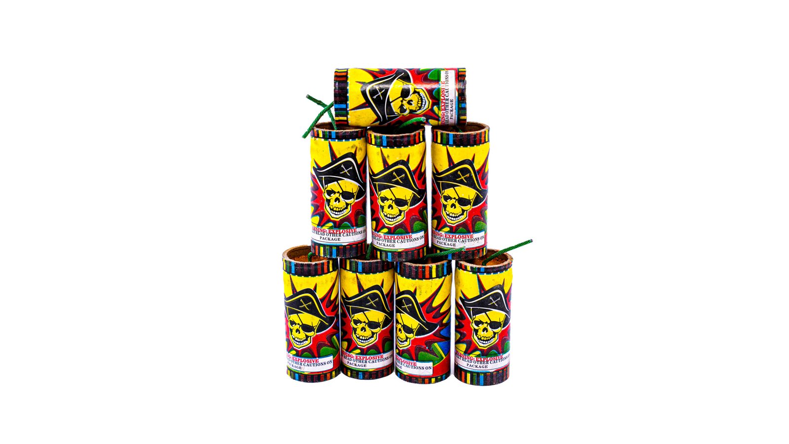 Stack of colorful cylindrical fireworks with skull warning labels arranged in a pyramid-like tower