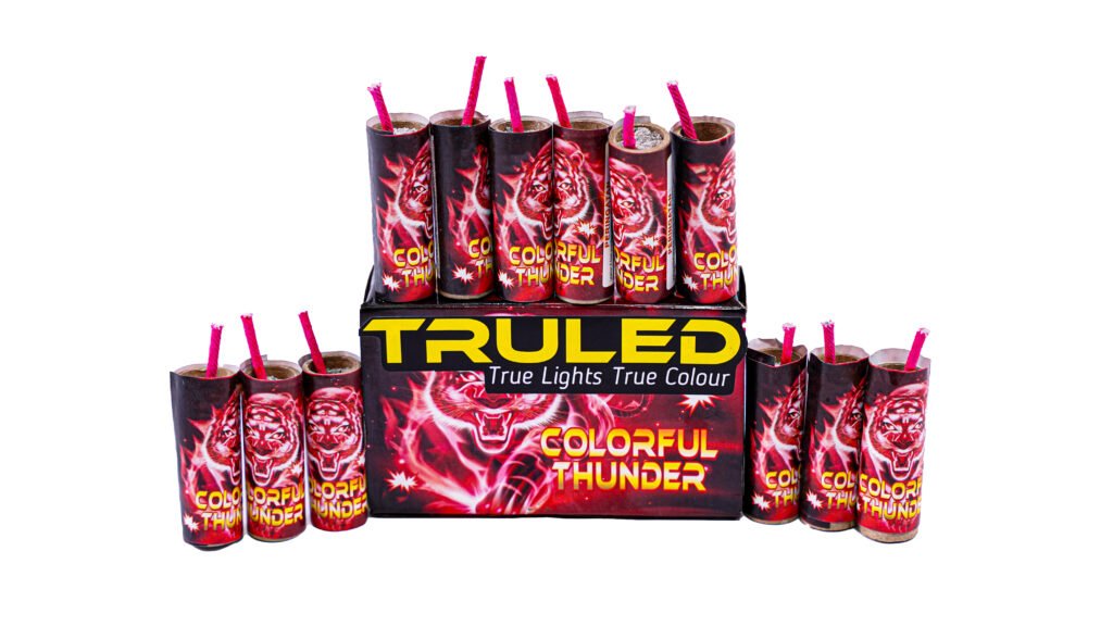Row of Colorful Thunder fireworks tubes with pink fuses on a display box.