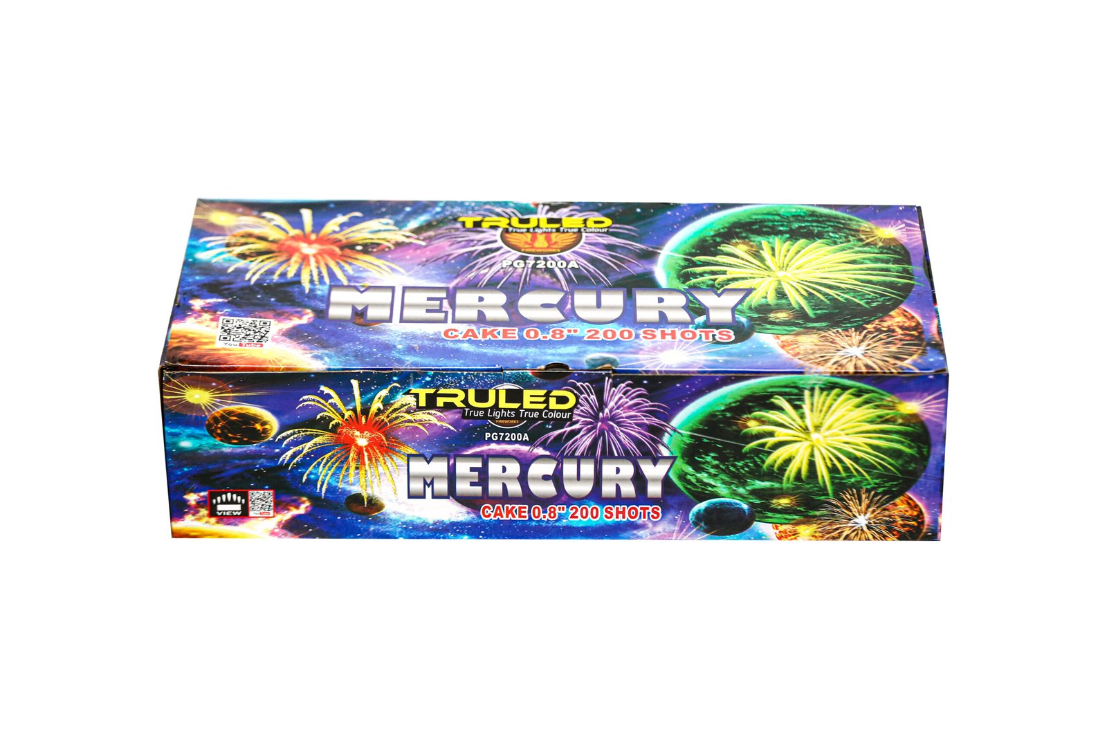 Box of Mercury fireworks cake (0.8 inch tubes, 200 shots) with colorful fireworks artwork on the packaging designer display.