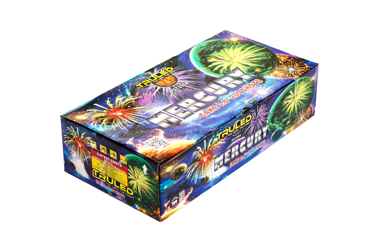 Colorful fireworks–themed packaging for a cake-style fireworks box with bright bursts and bold text like "200 SHOTS" on the side.
