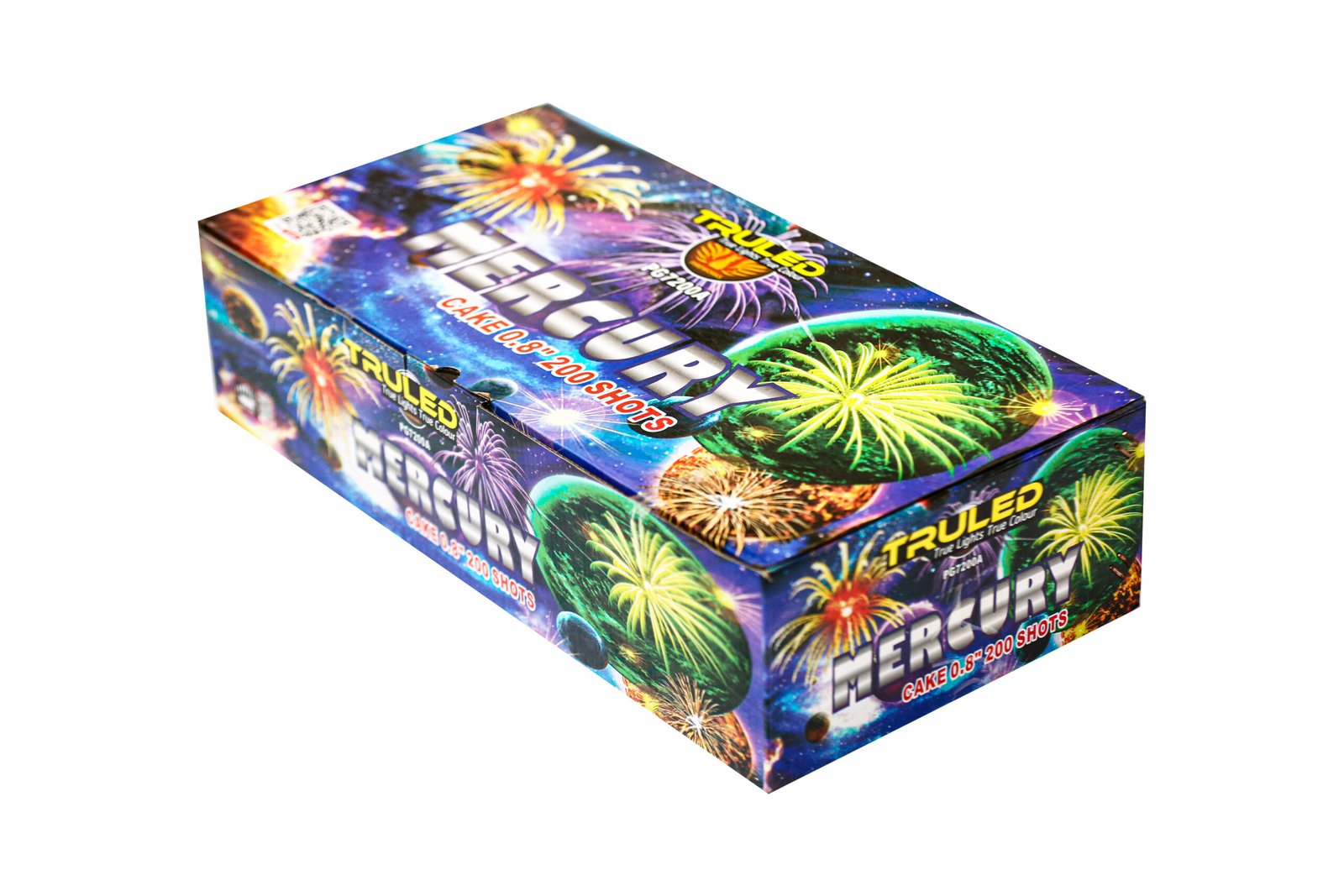 Colorful box of TrueLED Mercury fireworks, a 200-shot cake with vibrant fireworks graphics on the packaging