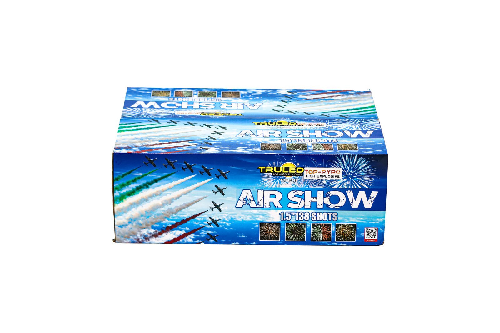 Blue fireworks box with air-show graphics, planes and colorful trails; includes text like 'AIR SHOW' and '1.5" 138 SHOTS' on the packaging