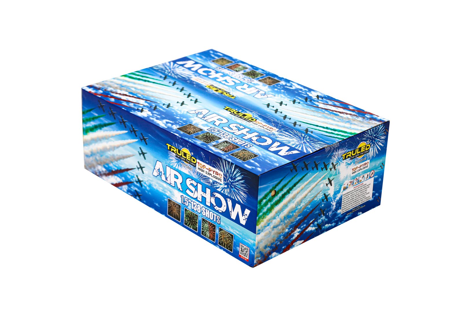 Blue fireworks box labeled Air Show with airplanes and bursts graphic on bright packaging
