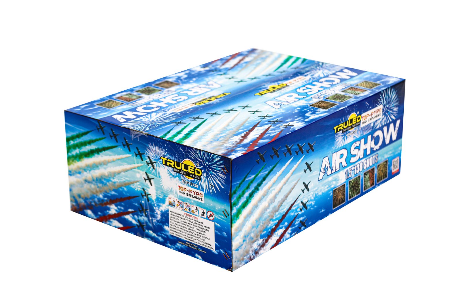 Blue fireworks box labeled 'Air Show' with airplane silhouettes and colorful launch trails on the packaging.
