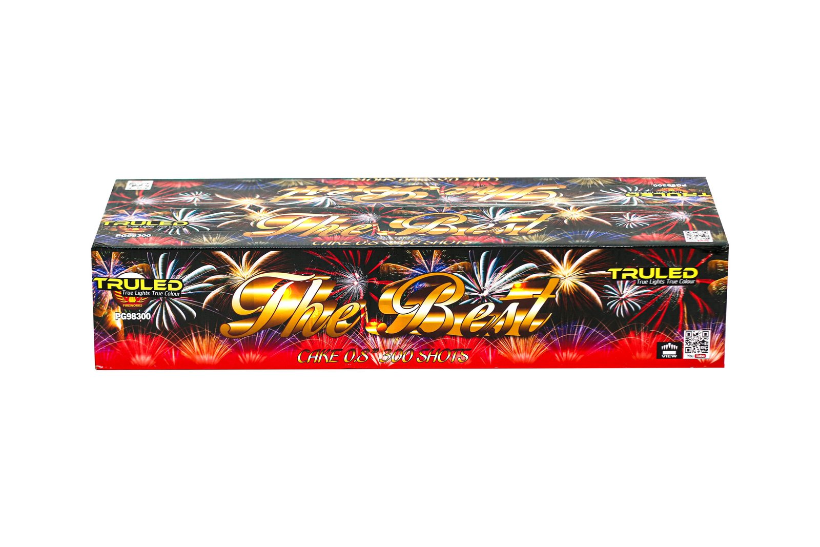 Colorful fireworks-themed fireworks cake box with large gold lettering reading 'The Best' and bold brand logos on the sides; festive design filled with bursts and sparks