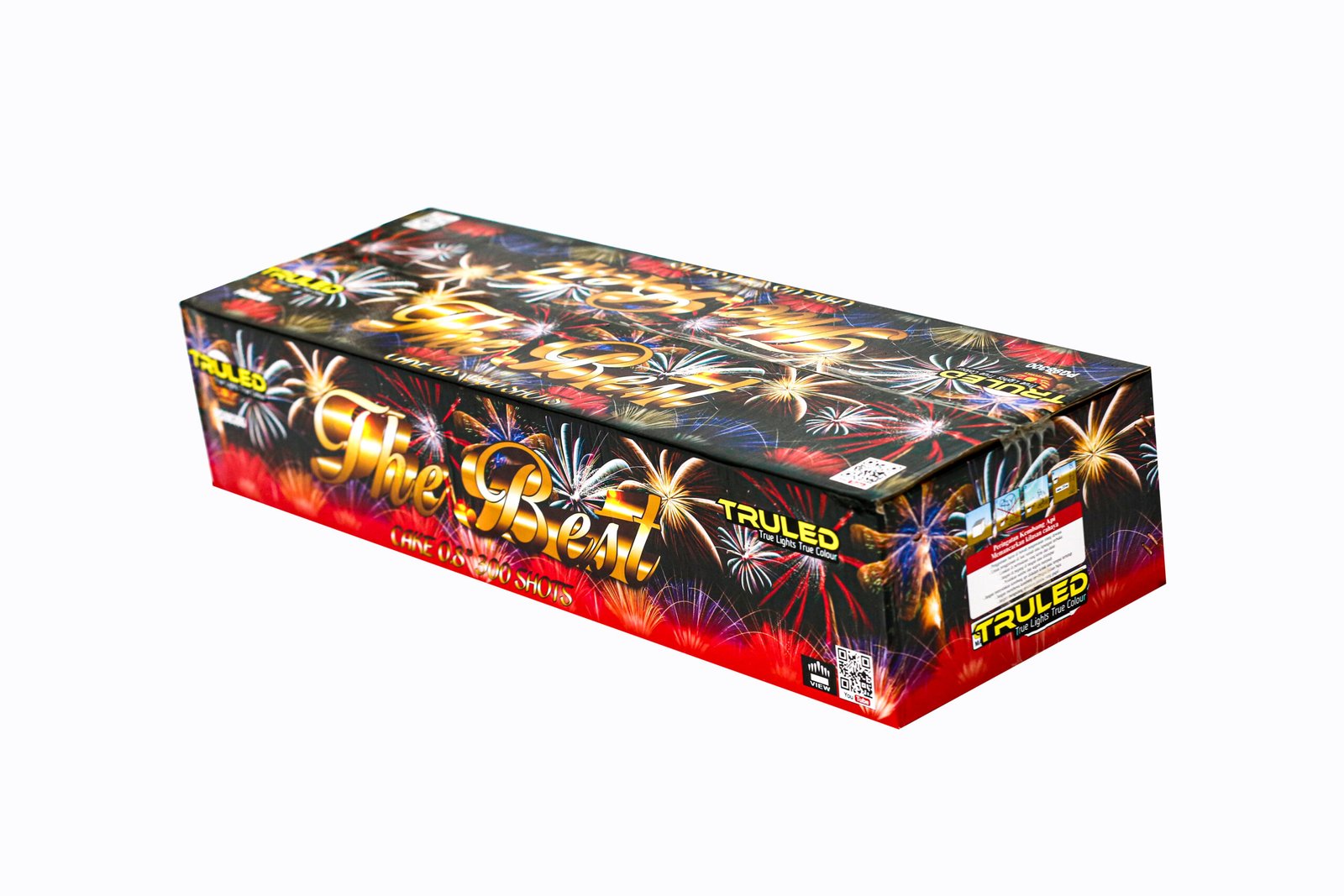 Rectangular fireworks box with vibrant fireworks graphics across the label, shown at an angle.