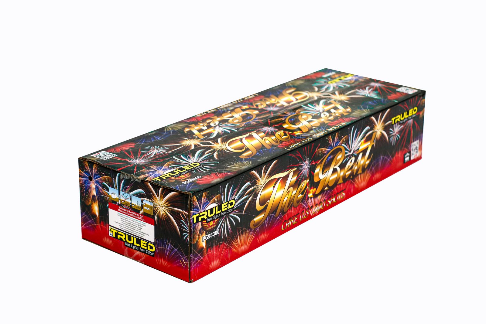 Long rectangular fireworks box with vibrant fireworks graphics and the brand name TruLED across the surface.