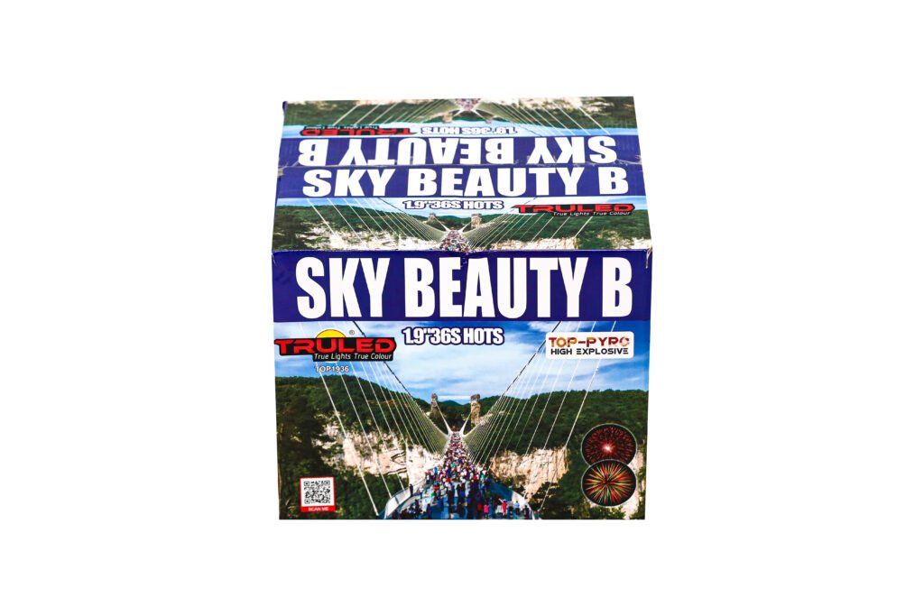 Front of a Sky Beauty B fireworks box with bold white text on blue, showing a crowd on a suspension bridge under fireworks imagery