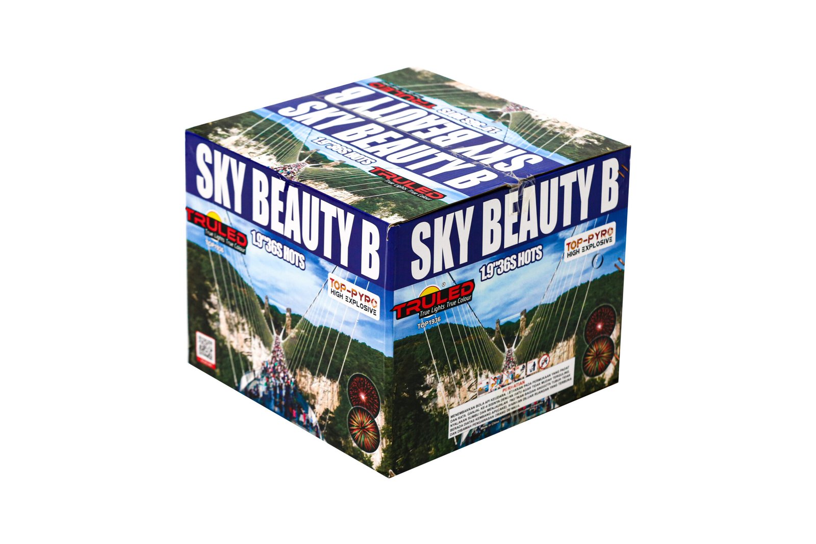 Colorful fireworks box with bold white text reading 'SKY BEAUTY B' on blue panels and fireworks graphics; outdoorsy scene in the background makes the packaging busy but conveys a fireworks product.