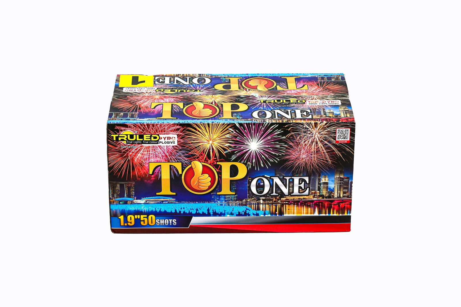 Box of fireworks labeled 'Top One' with colorful explosion graphics and skyline, 1.9'' 50 shots.
