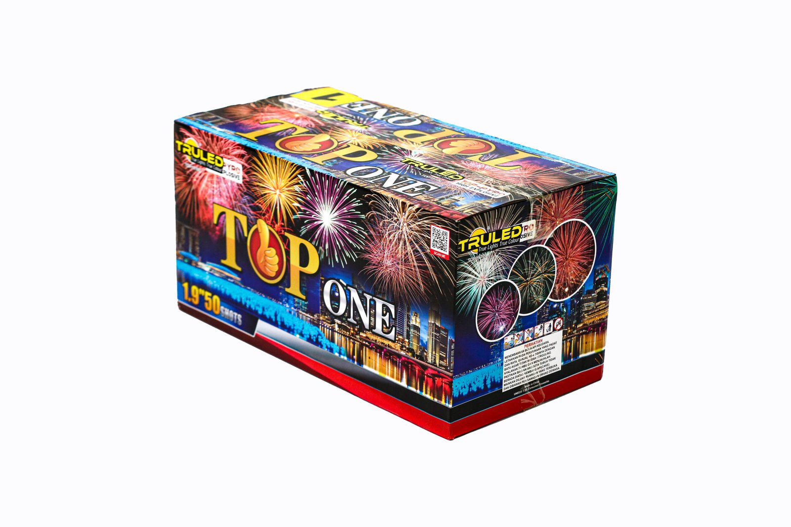 Colorful fireworks box packaging with skyline and bursting fireworks graphics, brand name prominently displayed (Top One).