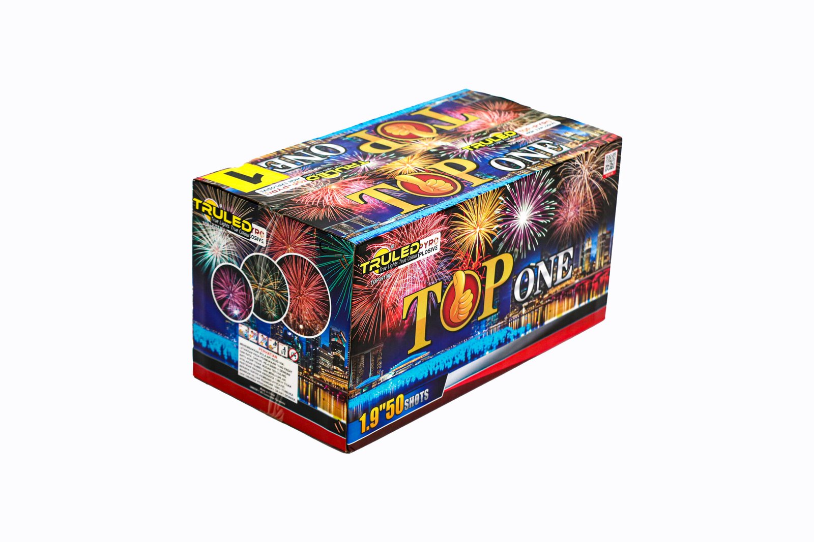 Colorful fireworks box labeled Top One with bursts of fireworks on all sides, angled to show front and top panels (novelty consumer firework).