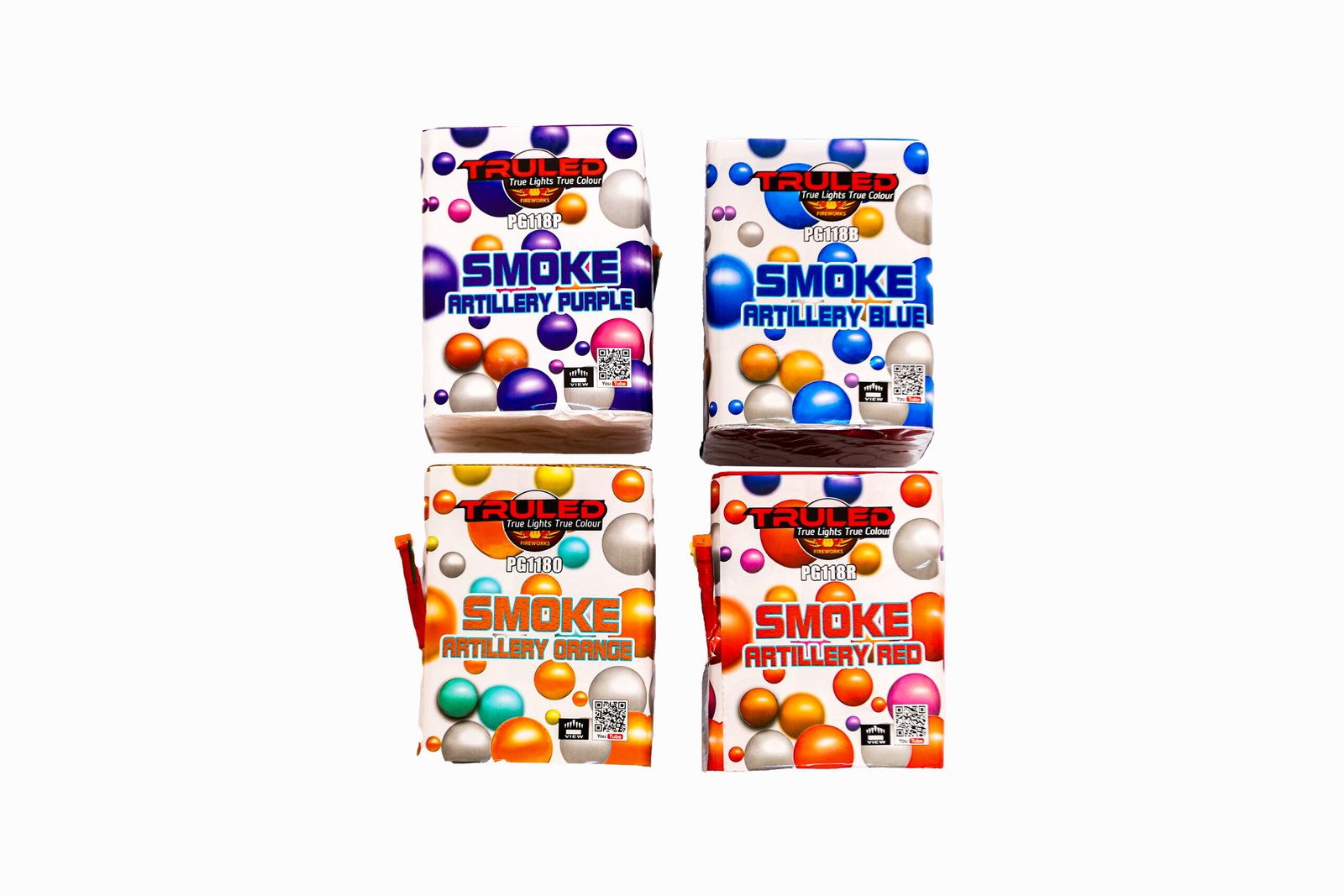 Two boxed packs of TruLed Smoke Artillery fireworks (Purple and Blue) with colorful bubble graphics on white backgrounds.