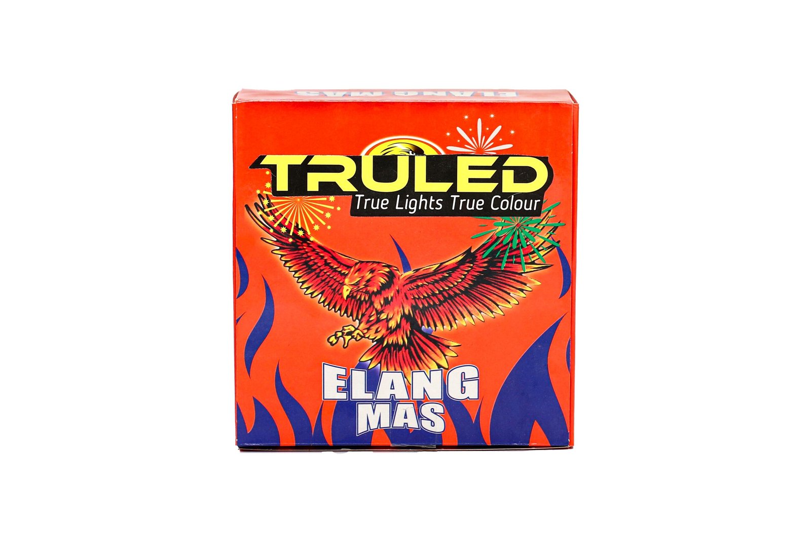 Orange fireworks box featuring a phoenix graphic and the bold 'TRULED' logo with 'True Lights True Colour' text.