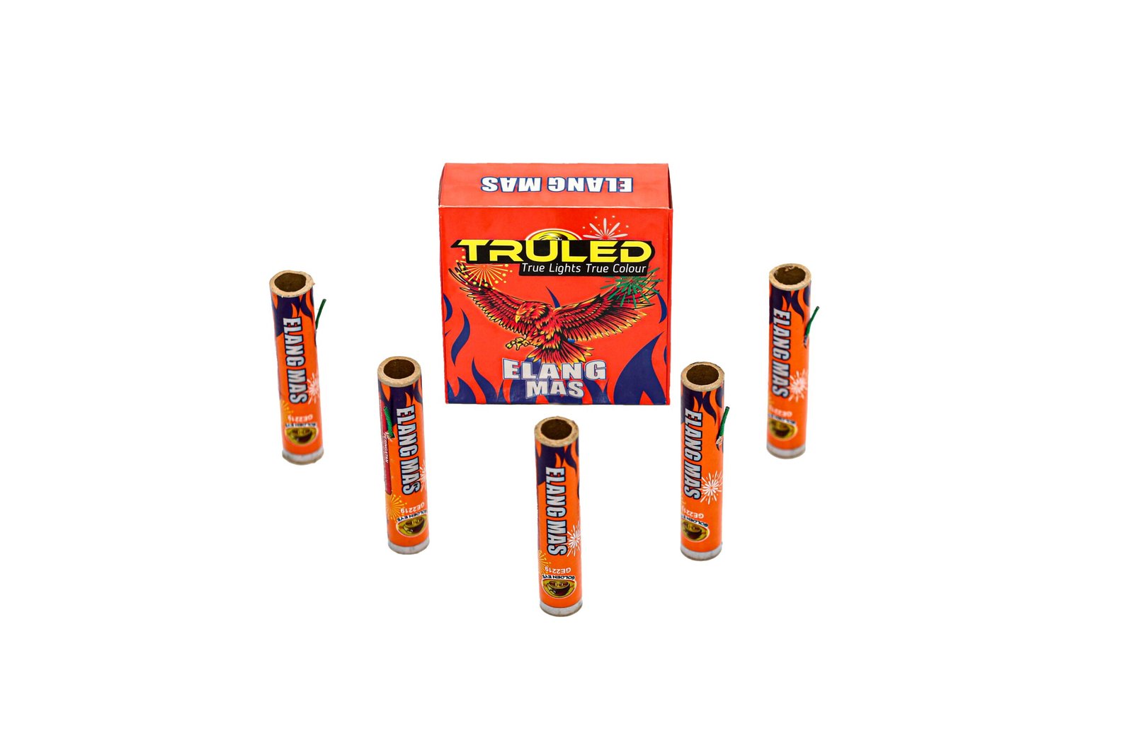 Red fireworks box in center surrounded by orange and blue launch tubes standing upright around it.