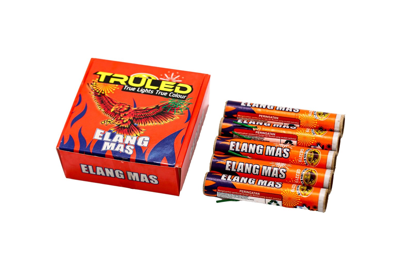 Red box of Elang Mas fireworks with four orange tubes beside it on a white background.