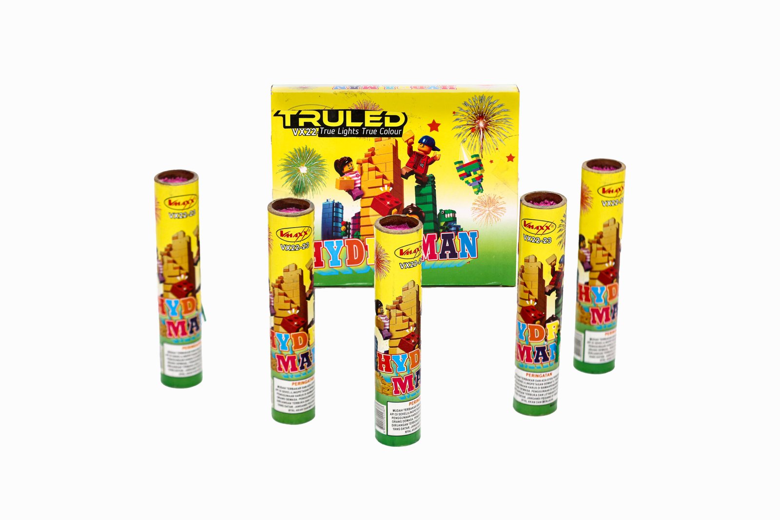 Colorful fireworks set with a bright yellow central box and upright tube fireworks around it.